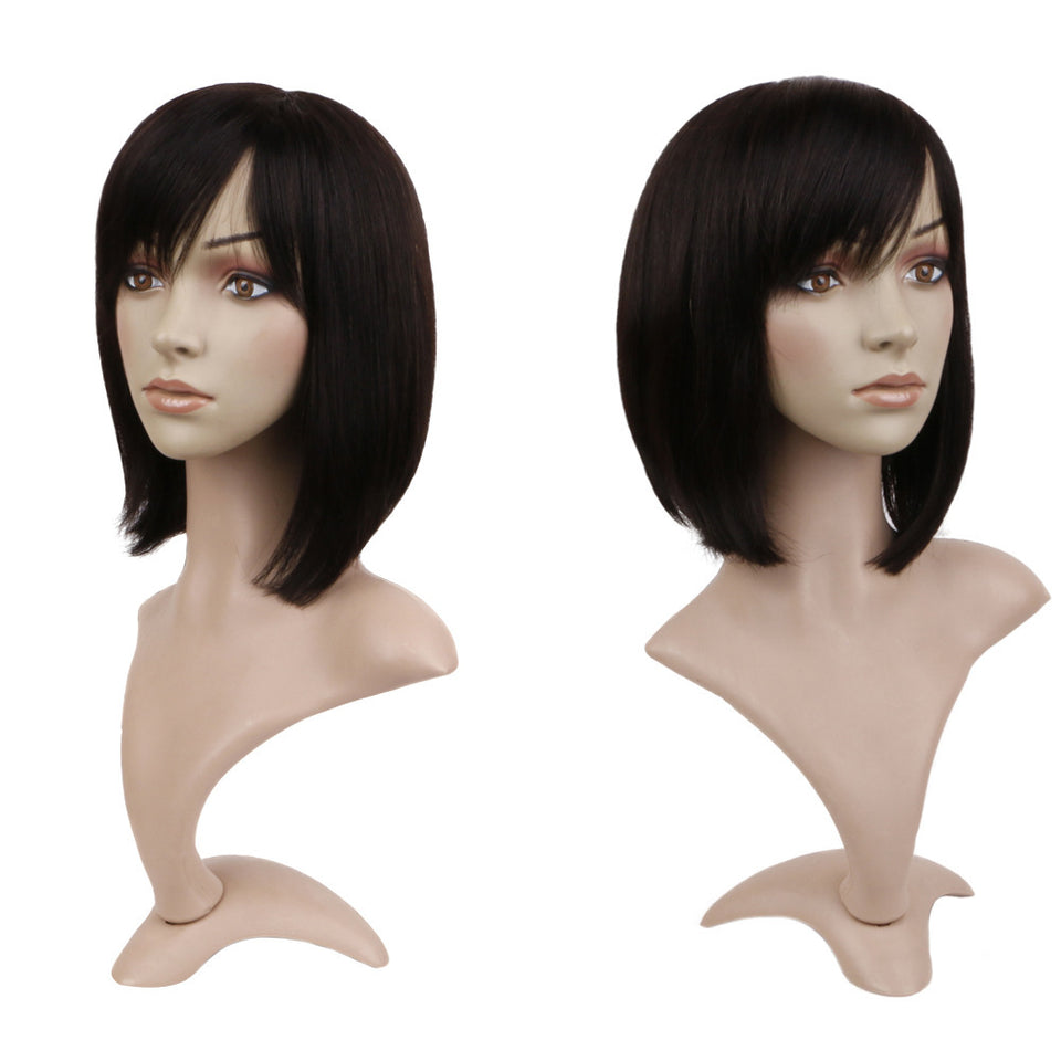 Real Hair Ribbon Bangs Head Cover Wig – Human Hair with Fringe, Natural Finish