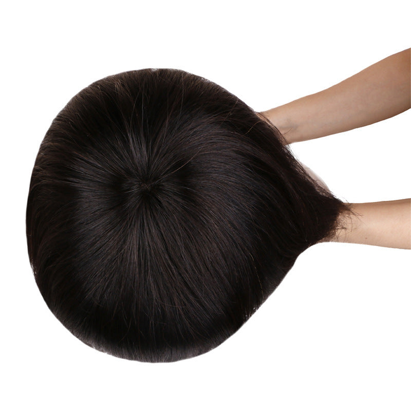 Real Hair Ribbon Bangs Head Cover Wig – Human Hair with Fringe, Natural Finish