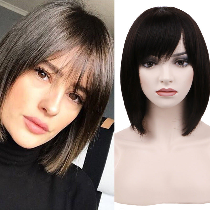 Real Hair Ribbon Bangs Head Cover Wig – Human Hair with Fringe, Natural Finish