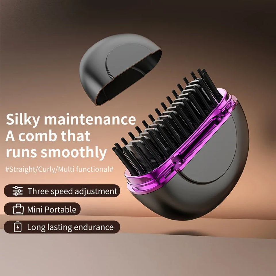 Portable mini electric hot comb with purple accents and protective cap, ideal for straightening curly hair and achieving smooth, shiny results with three speed adjustments and long-lasting battery life