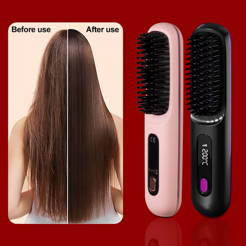 Electric hair straightener brush before and after use showing smooth, shiny hair, portable heated styling comb, anti-frizz hair tool, cordless straightener, rechargeable hair brush for sleek hair