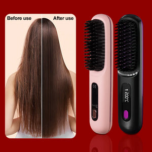 Electric hair straightener brush before and after use showing smooth, shiny hair, portable heated styling comb, anti-frizz hair tool, cordless straightener, rechargeable hair brush for sleek hair