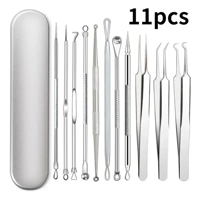 Eleven stainless steel blackhead and acne removal tools with various loops, extractors, and tweezers, displayed next to a silver carrying case. Professional pimple popper and pore cleaning kit for clearer skin. Facial blemish extraction tools