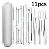 Eleven stainless steel blackhead and acne removal tools with various loops, extractors, and tweezers, displayed next to a silver carrying case. Professional pimple popper and pore cleaning kit for clearer skin. Facial blemish extraction tools