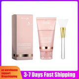 Pink box and tube of 75g Collagen Night Wrapping Mask with a white silicone application brush, for pore shrinking, blackhead removal, oil control, and skin rejuvenation.