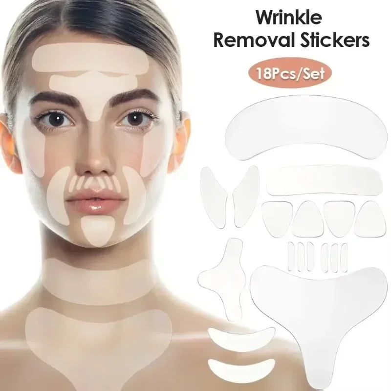 Reusable silicone facial patches applied to a woman's face, targeting forehead, eyes, cheeks, mouth, neck, and chest wrinkles. A set of 18 clear, various-shaped anti-aging wrinkle removal stickers is displayed next to her