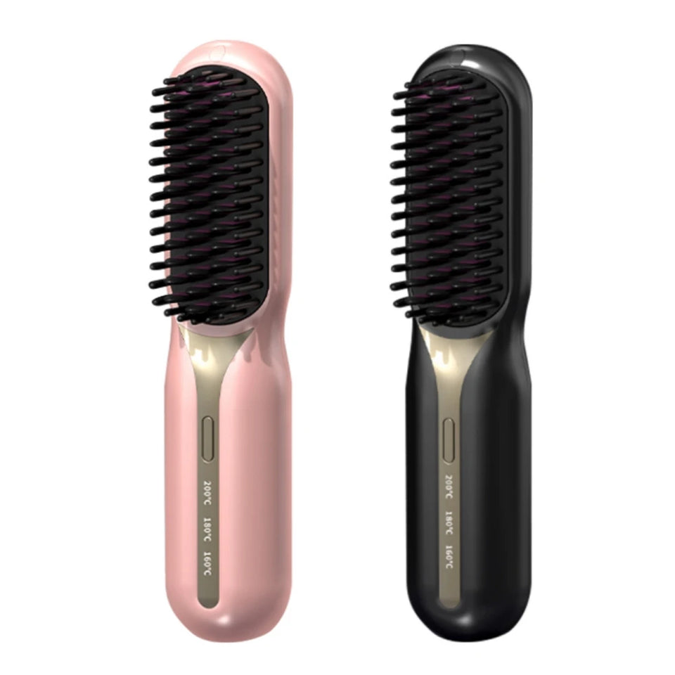 Two cordless hair straightener brushes, one pink and one black, showing bristles and temperature settings. The image highlights a portable, professional electric heating comb for hair smoothing, ideal for anti-frizz and hair care