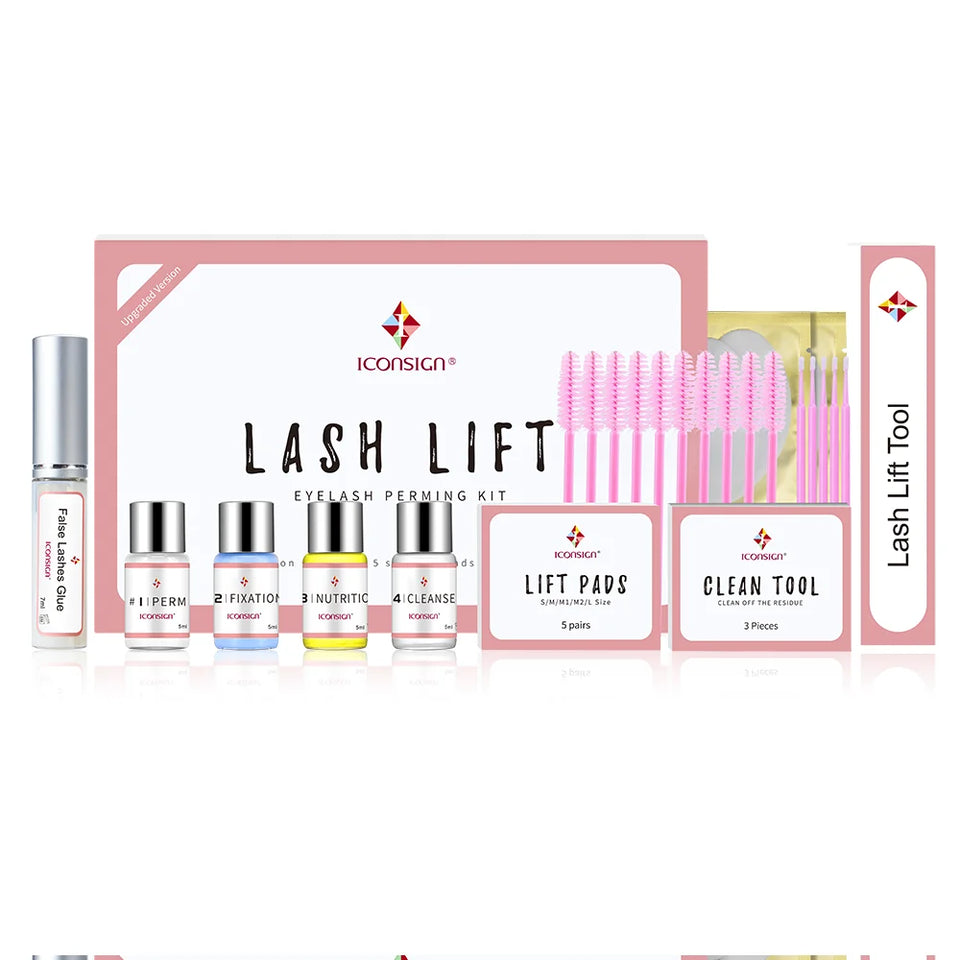 ICONSIGN professional lash lift kit with perm, fixation, nutrition, and cleanse solutions, lift pads, clean tools, and applicators for eyelash perming and curling.