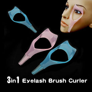 Set of 3-in-1 plastic eyelash tools in pink and blue, featuring a mascara shield guard, lash separator comb, and applicator aid for smudge-free mascara application