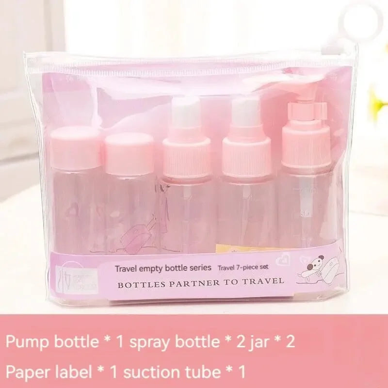 Set of 7 clear plastic travel bottles including spray mists, pump bottles, and small vials with colored caps, shown being used to dispense liquid