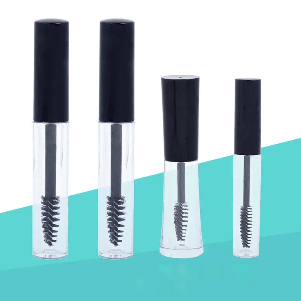 Clear plastic refillable mascara tubes with black caps and wands
