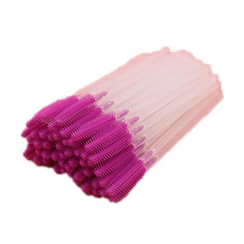 Pack of 10 disposable silicone mascara wands with pink heads and clear handles, used for applying mascara, separating eyelashes, and grooming eyebrows.