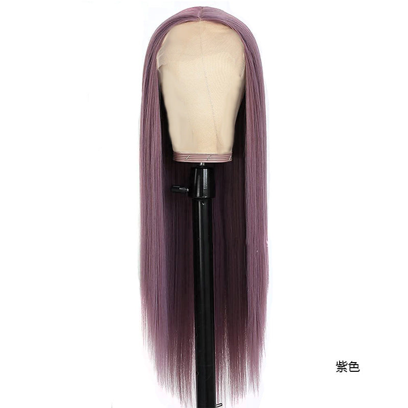 Ladies Front Lace Long Straight Wig – Chemical Fiber, Sleek Natural Look Head Cover