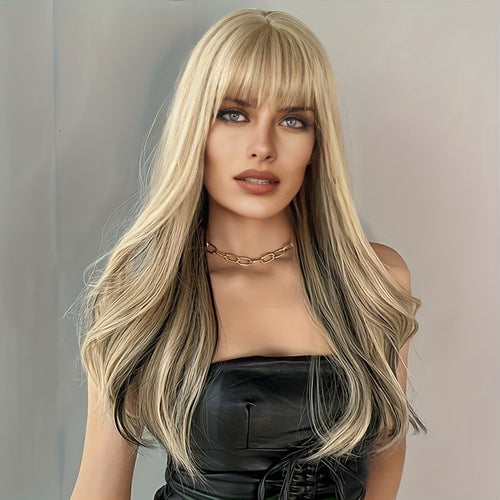 Long Wavy Curly Black Blonde Highlights Synthetic Mixed Wig Head Cover