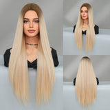 Super Long Medium Straight Hair Full-head Wig Natural Gold Gradient Chemical Fiber Wig