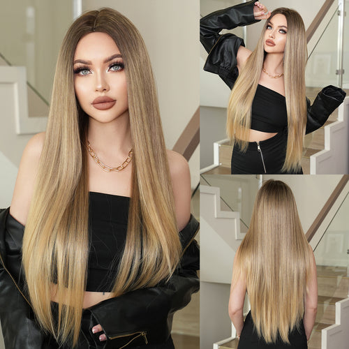 Super Long Medium Straight Hair Full-head Wig Natural Gold Gradient Chemical Fiber Wig