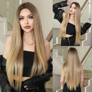Super Long Medium Straight Hair Full-head Wig Natural Gold Gradient Chemical Fiber Wig